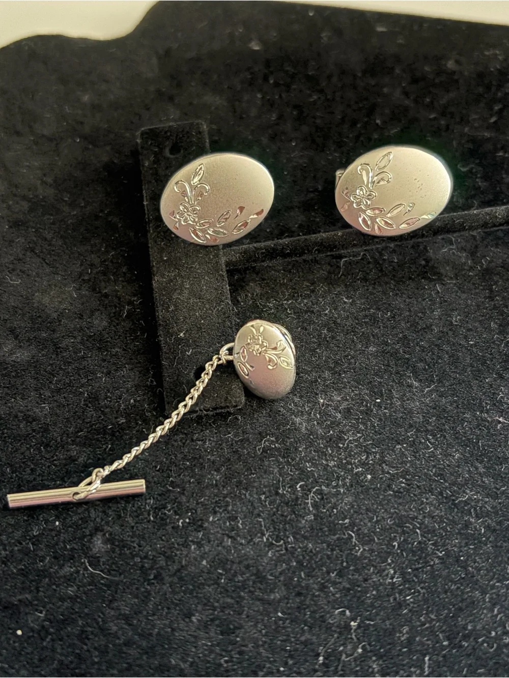 Silver Floral Engraved Oval Cufflinks and Stud Set